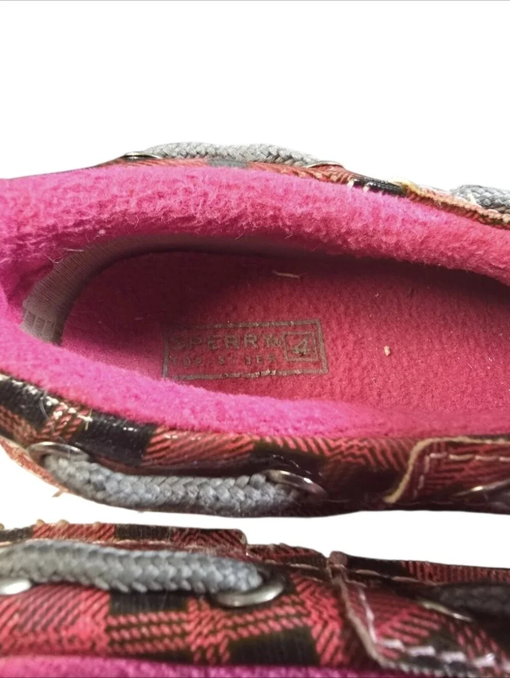 Sperry Girls Saltwater Duckie Boots Red Plaid Pattern Pink Bottom Sz.13